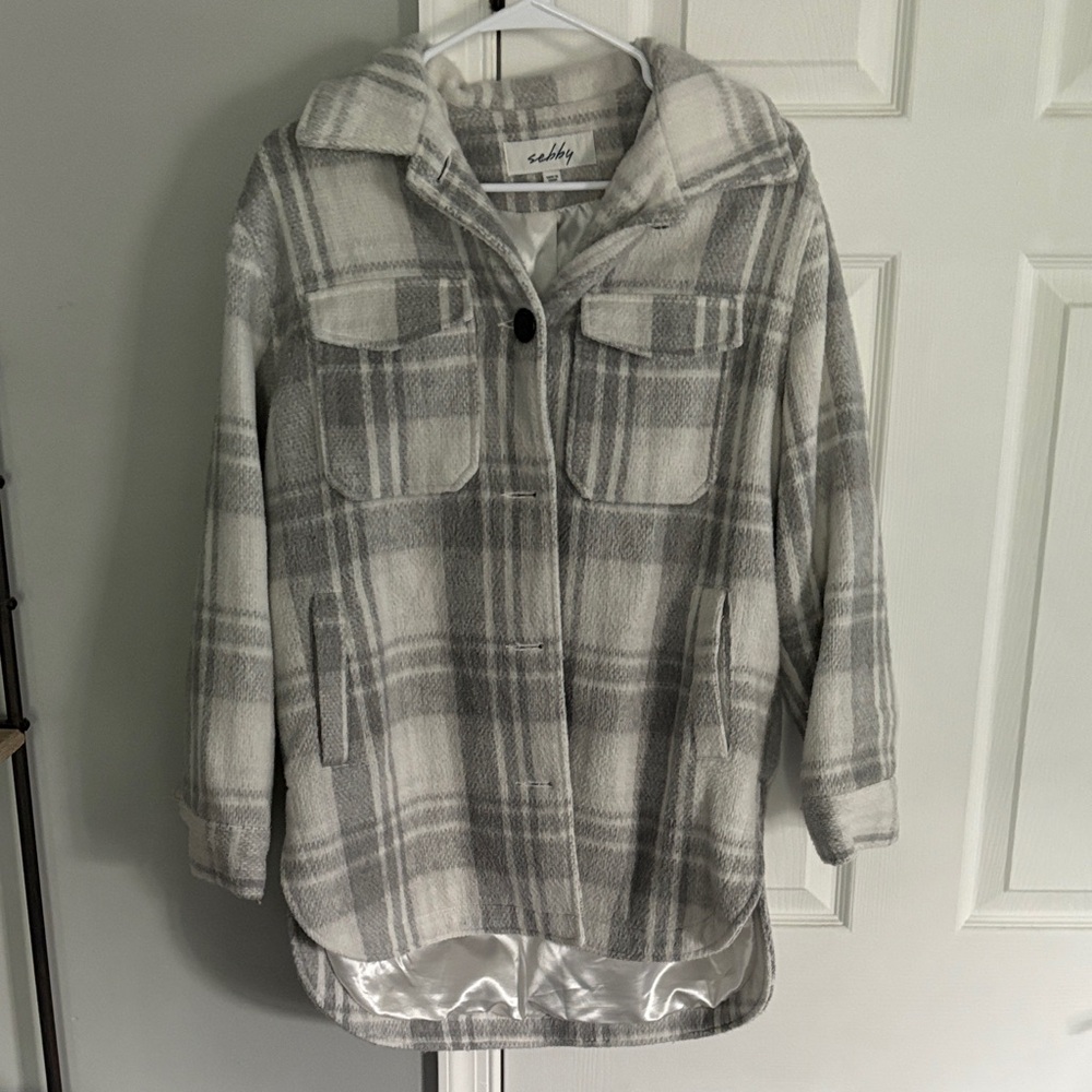 Sebby Women's Gray and Cream Plaid Teddy Jacket